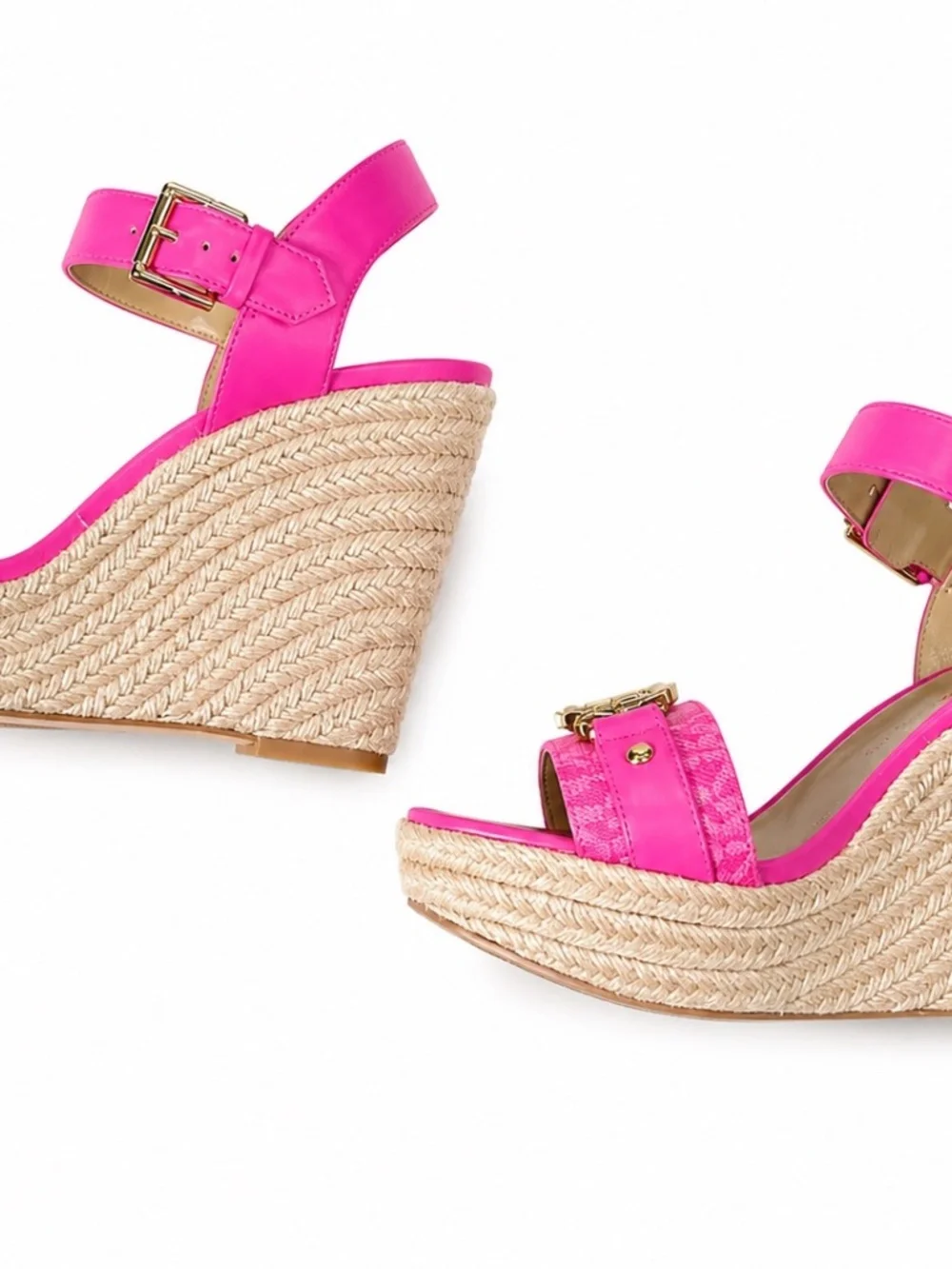 Michael Michael Kors Size 8M Pink Espadrille Wedge Sandals Gold Logo